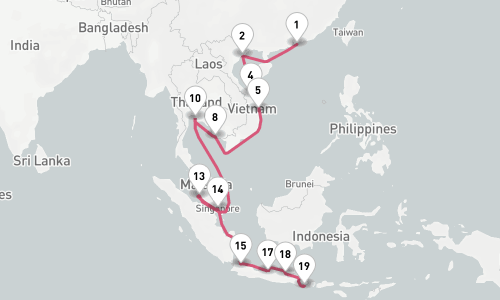 26 nights / 27 days, one-way from Hong Kong to Benoa (Bali, Indonesia)