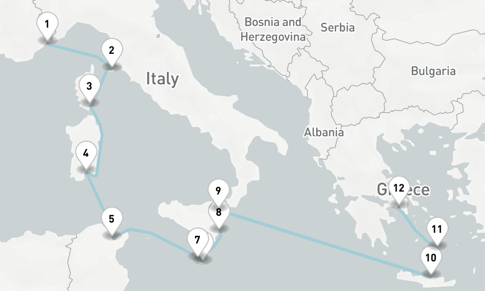 12 nights / 13 days, one-way from Villefranche-sur-Mer (Nice, France Riviera) to Piraeus (Athens, Greece)