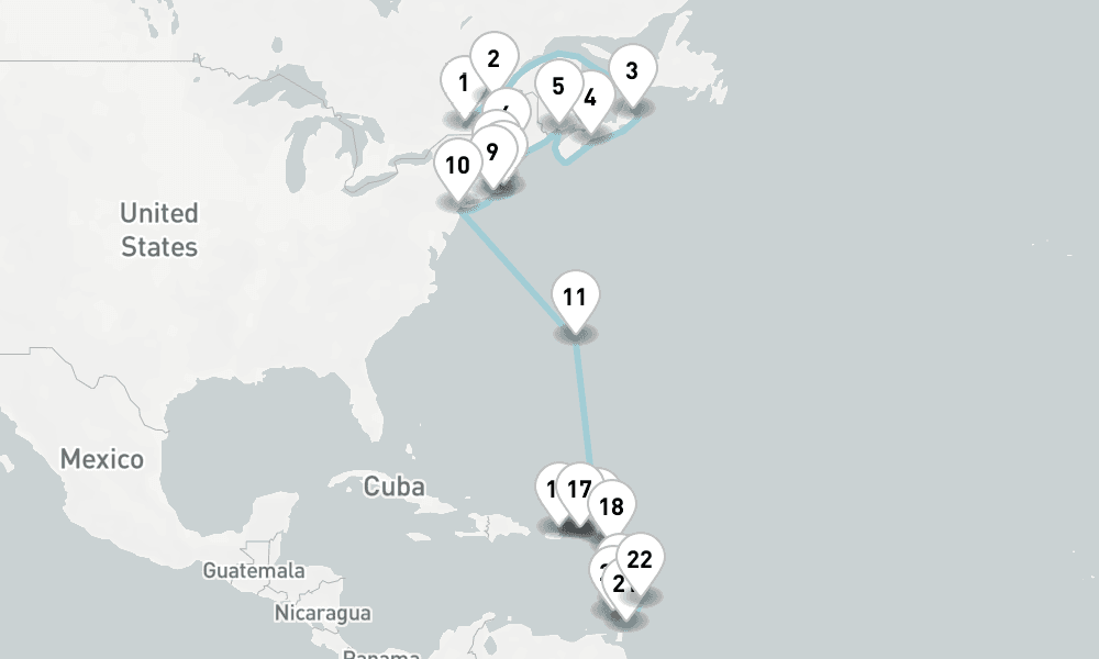 26 nights / 27 days, one-way from Montreal (Quebec, Canada) to Bridgetown (Barbados)