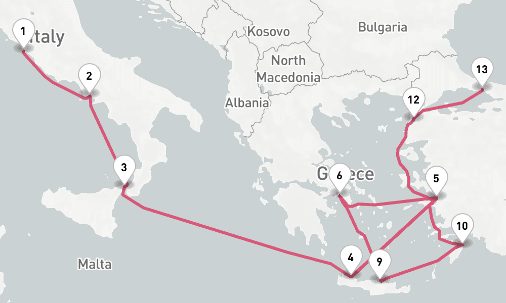 14 nights / 15 days, one-way from Civitavecchia (Rome, Italy) to Istanbul