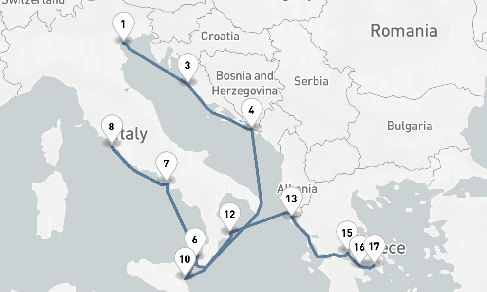 16 nights / 17 days, one-way from Venice to Piraeus (Athens, Greece)