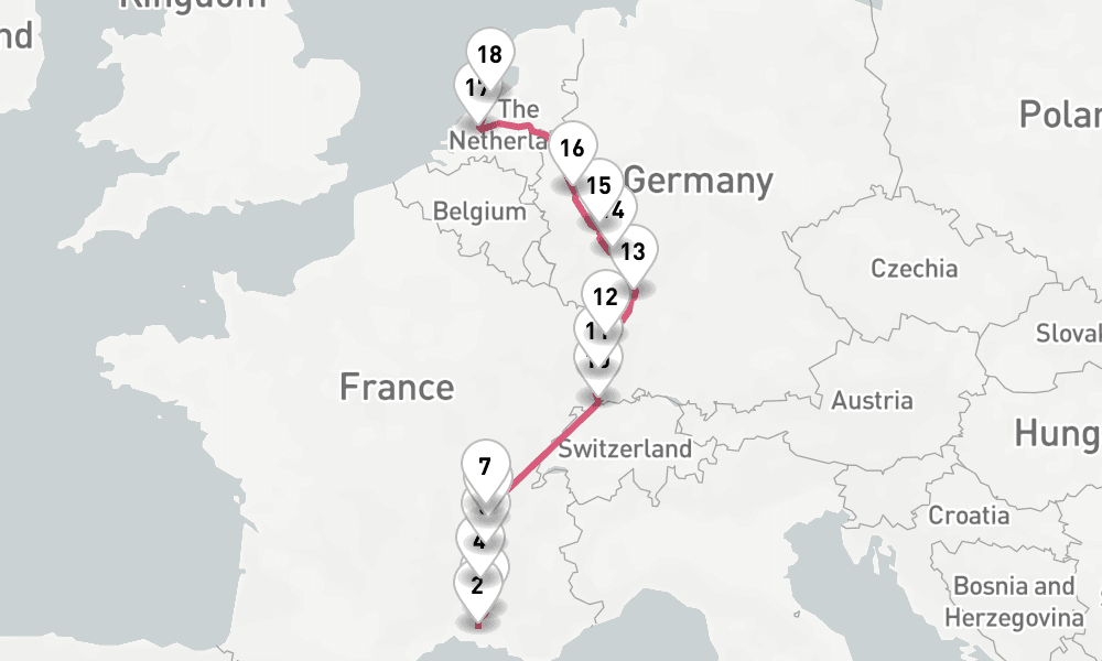 14 nights / 15 days, one-way from Avignon to Amsterdam (Holland)