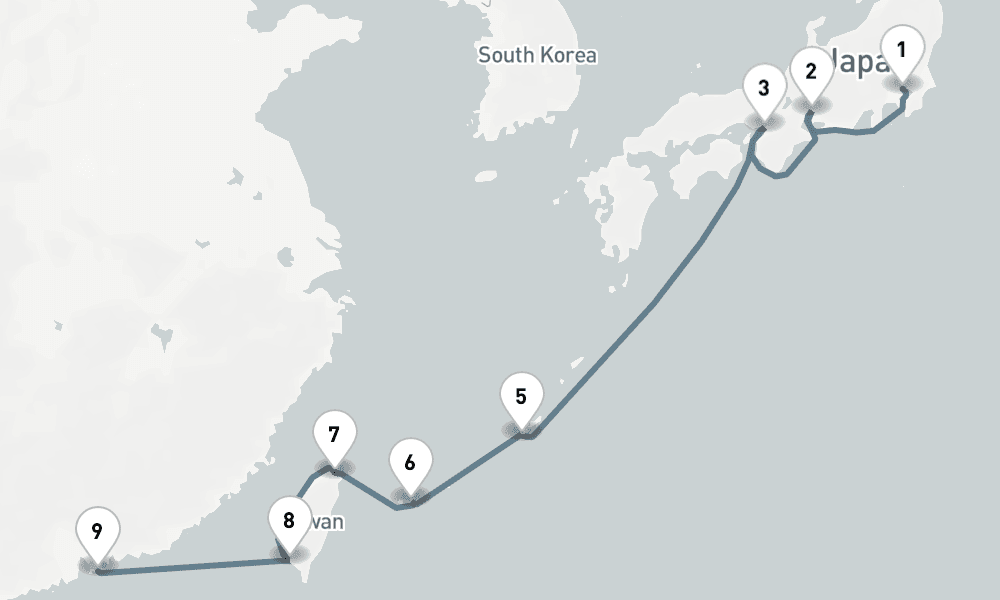 10 nights / 11 days, one-way from Tokyo to Hong Kong