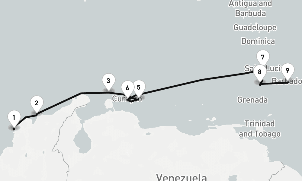 9 nights / 10 days, one-way from Cartagena (Colombia) to Bridgetown (Barbados)
