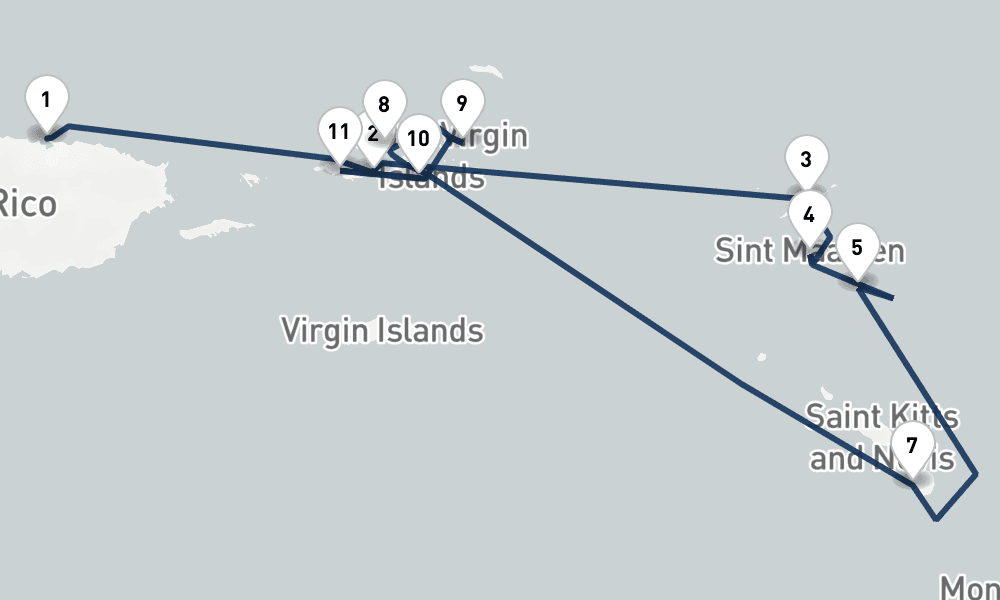 8 nights / 9 days, one-way from San Juan (Puerto Rico) to Saint Thomas Island (Charlotte Amalie, USVI)