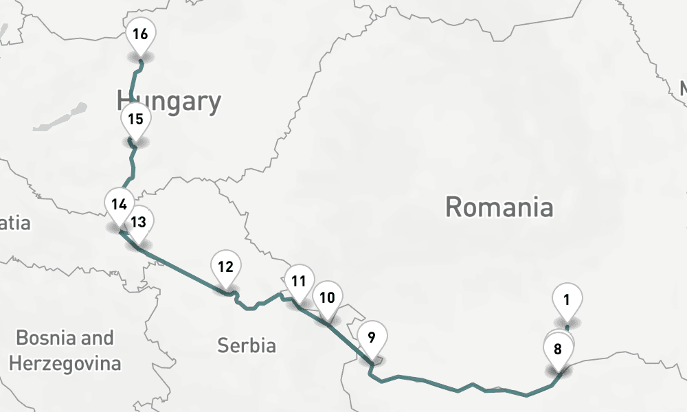 14 nights / 15 days, one-way from Bucharest to Budapest