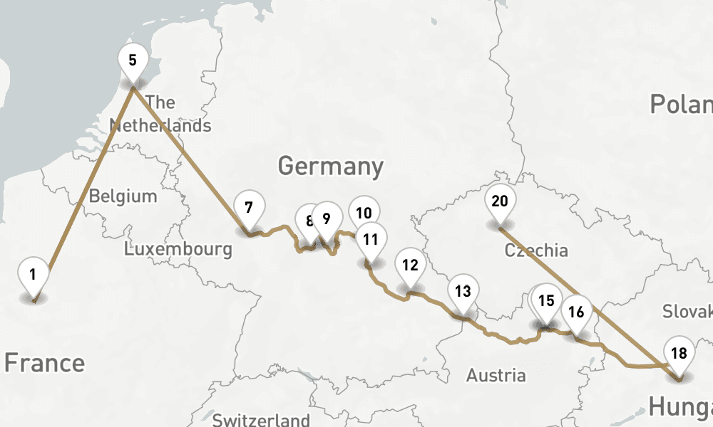 20 nights / 21 days, one-way from Paris to Prague (Czech Republic)