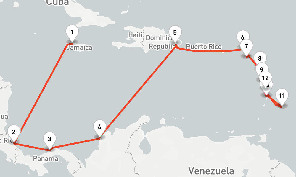 14 nights / 15 days, one-way from Montego Bay to Fort-de-France (Martinique)