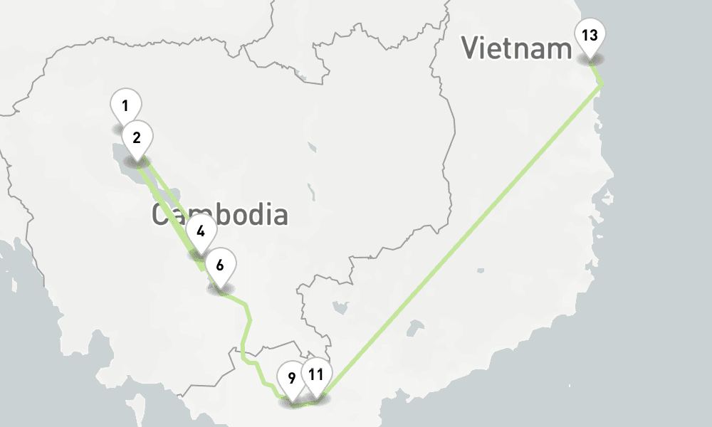 8 nights / 9 days, one-way from Siem Reap to Phu My (Ho Chi Minh City / Saigon, Vietnam)