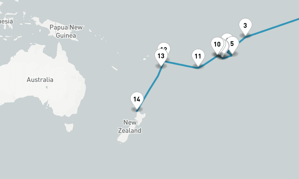 30 nights / 31 days, one-way from Puntarenas (Puerto Caldera, Costa Rica) to Auckland