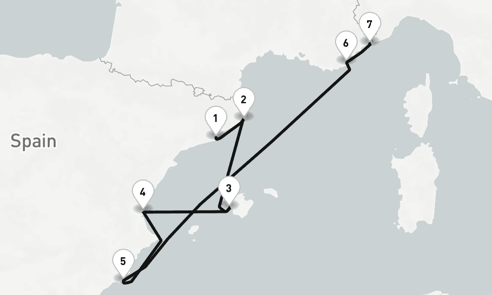 7 nights / 8 days, one-way from Barcelona to Monte Carlo (Monaco, France Riviera)