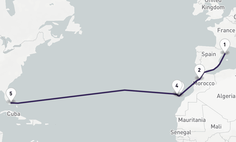 14 nights / 15 days, one-way from Barcelona to Miami (Florida)