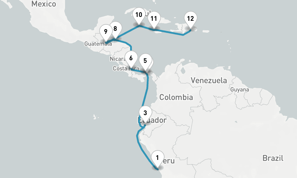 20 nights / 21 days, one-way from Callao (Lima, Peru) to Santo Domingo (Dominican Republic)