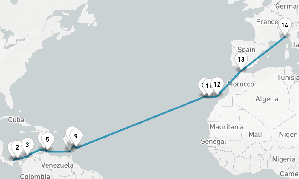 25 nights / 26 days, one-way from Colon to Savona