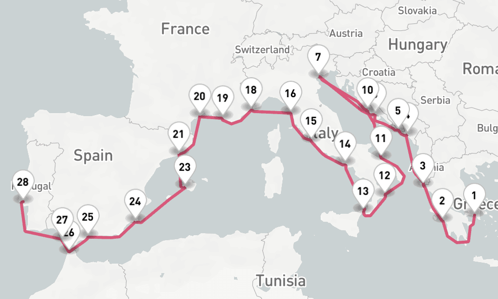 28 nights / 29 days, one-way from Piraeus (Athens, Greece) to Lisbon