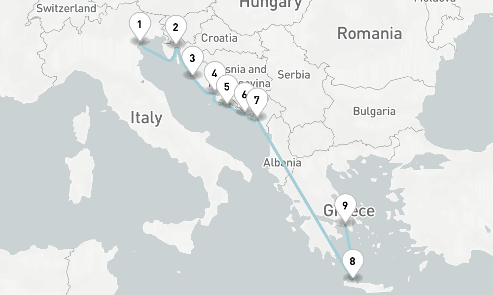 9 nights / 10 days, one-way from Venice to Piraeus (Athens, Greece)