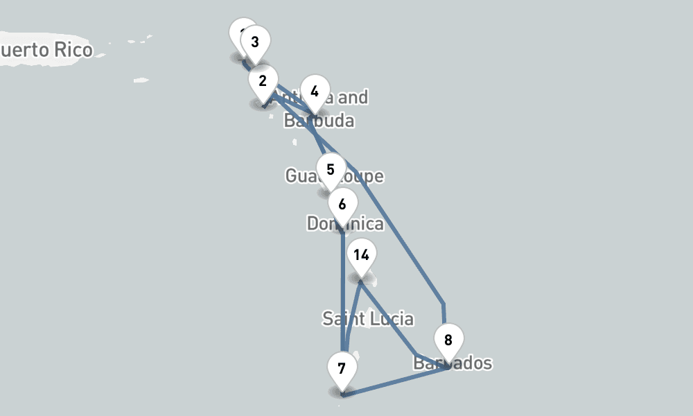 15 nights / 16 days, one-way from Philipsburg (St Maarten Island, Dutch Antilles) to Bridgetown (Barbados)