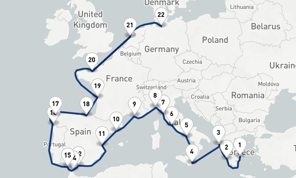 27 nights / 28 days, one-way from Piraeus (Athens, Greece) to Hamburg