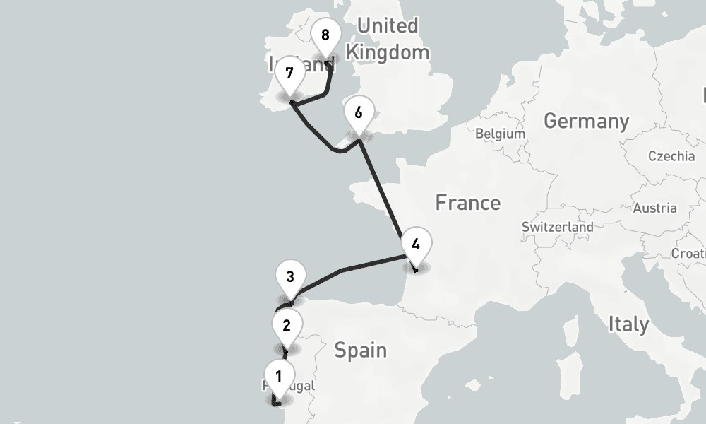 9 nights / 10 days, one-way from Lisbon to Dublin