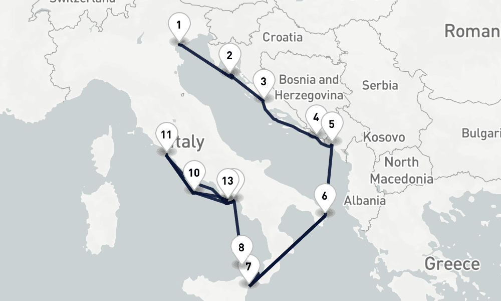 16 nights / 17 days, one-way from Venice to Civitavecchia (Rome, Italy)