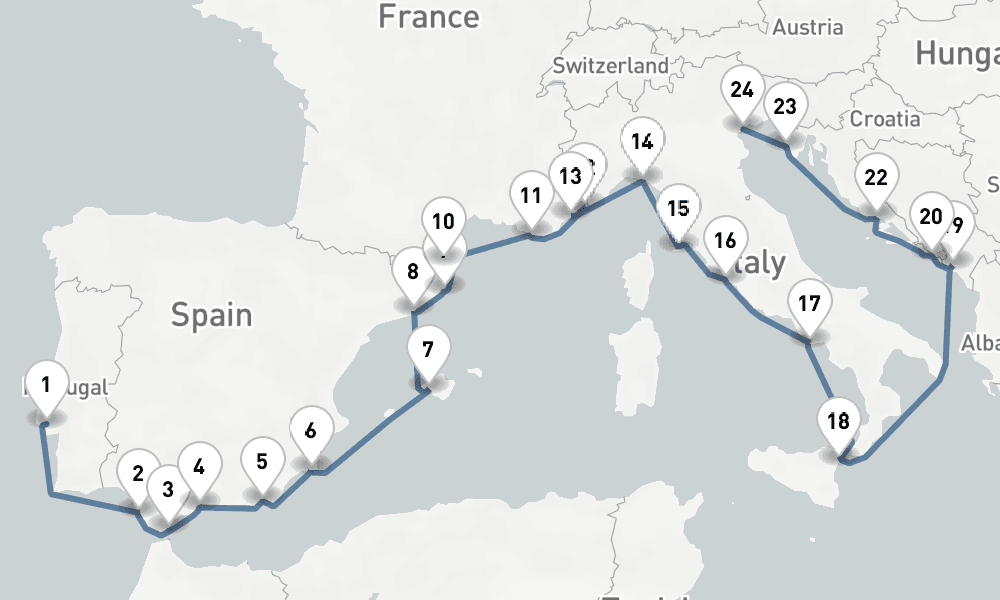 25 nights / 26 days, one-way from Lisbon to Venice