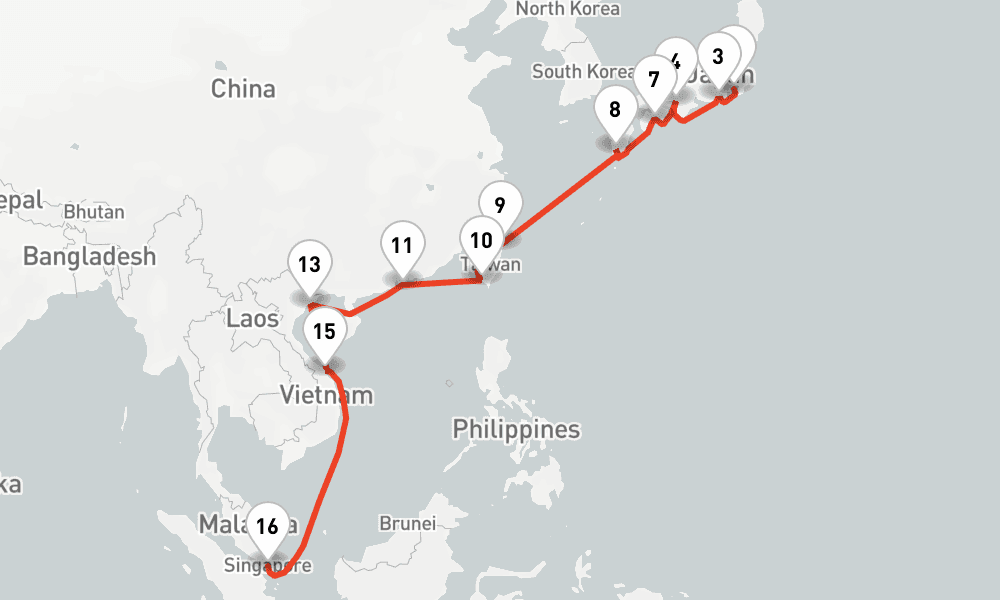 20 nights / 21 days, one-way from Yokohama (Tokyo, Japan) to Singapore