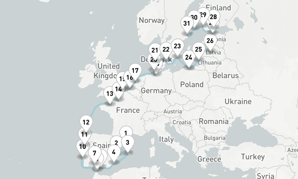 34 nights / 35 days, one-way from Barcelona to Stockholm