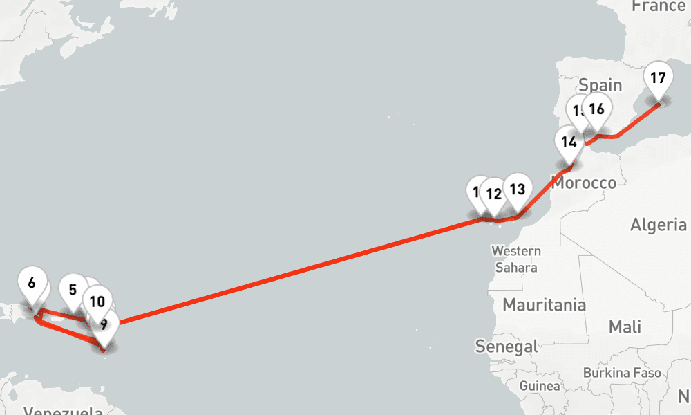 26 nights / 27 days, one-way from La Romana (Dominican Republic) to Palma de Mallorca (Majorca Island, Spain)