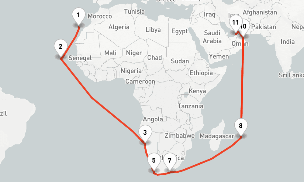 34 nights / 35 days, one-way from Las Palmas (Gran Canaria, Canary Islands) to Dubai (Port Rashid, UAE)