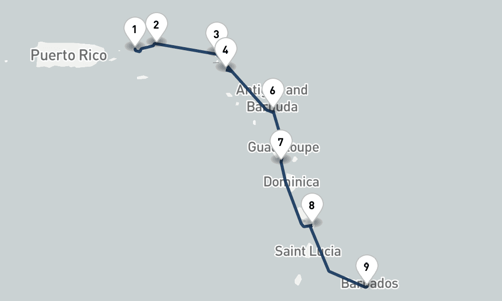 7 nights / 8 days, one-way from Saint Thomas Island (Charlotte Amalie, USVI) to Bridgetown (Barbados)