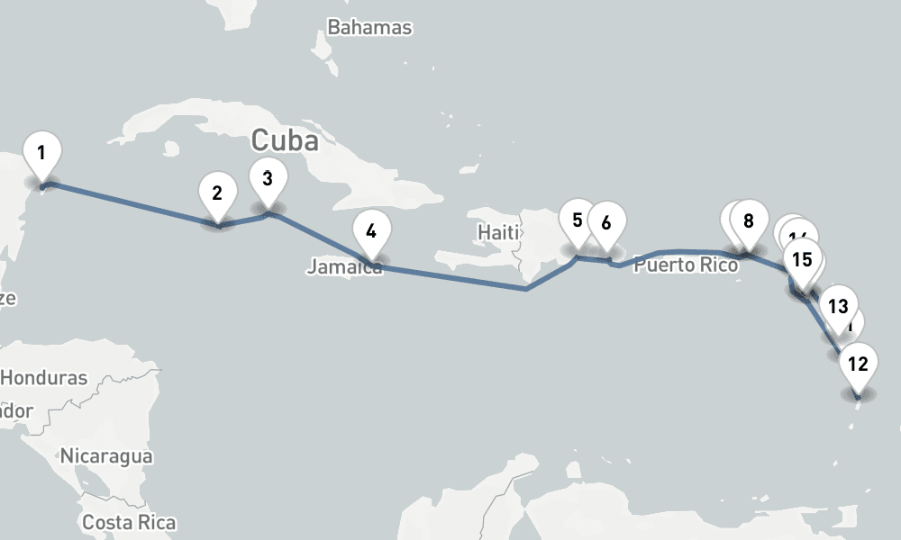 18 nights / 19 days, one-way from Cozumel to Philipsburg (St Maarten Island, Dutch Antilles)