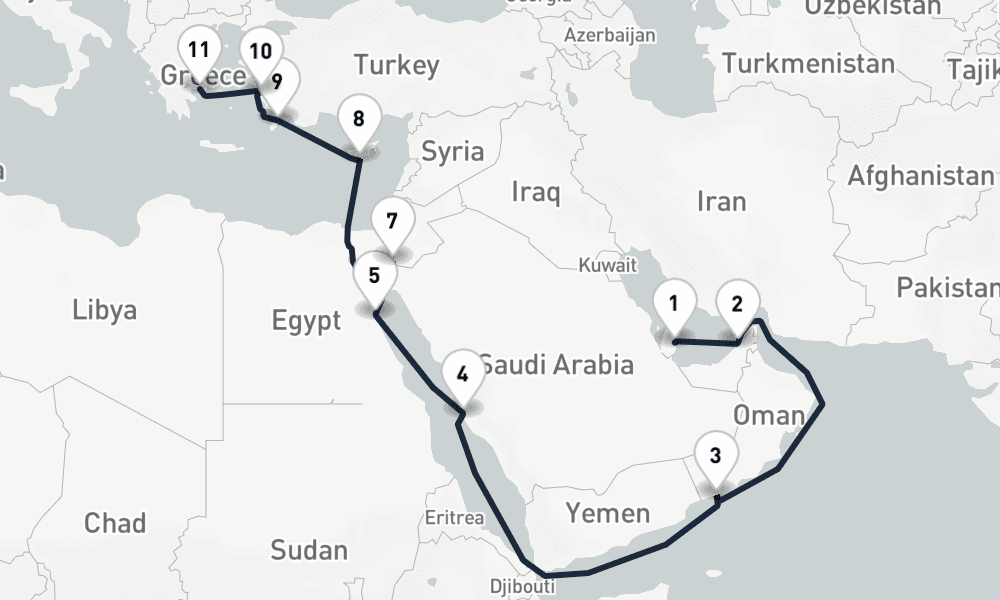 20 nights / 21 days, one-way from Doha to Piraeus (Athens, Greece)