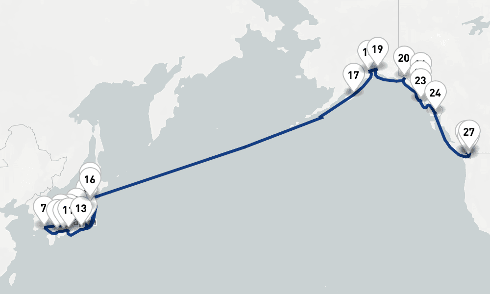 38 nights / 39 days, one-way from Tokyo to Vancouver (BC Canada)