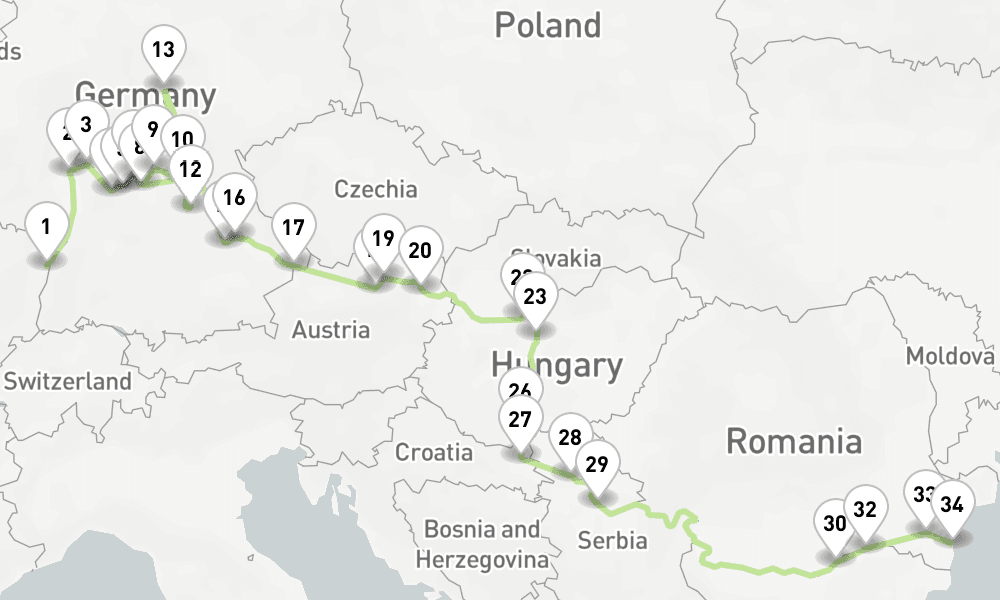 20 nights / 21 days, one-way from Strasbourg to Oltenita