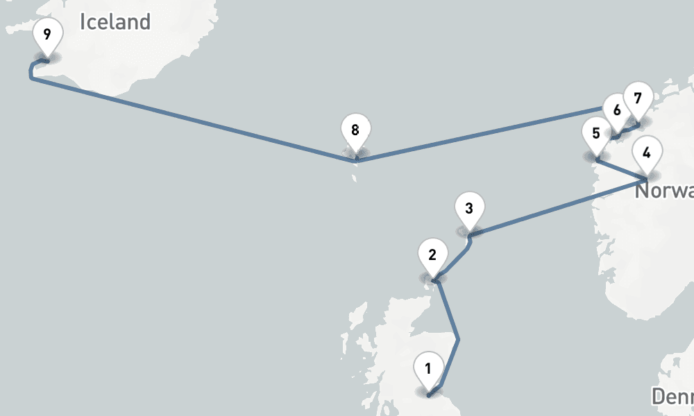 11 nights / 12 days, one-way from Edinburgh (Leith, Scotland) to Reykjavik