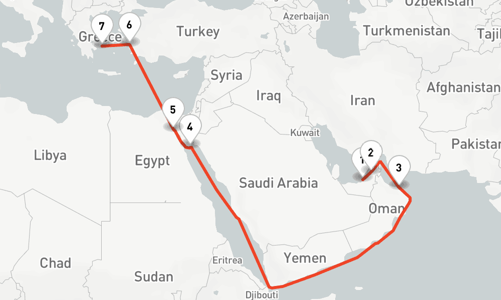 14 nights / 15 days, one-way from Abu Dhabi to Lavrion