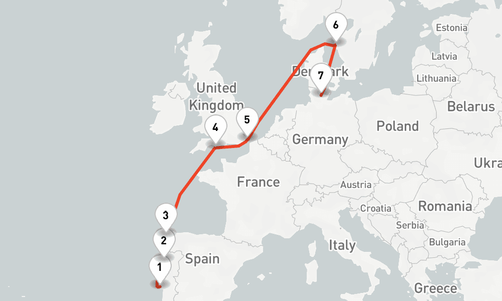 8 nights / 9 days, one-way from Lisbon to Kiel