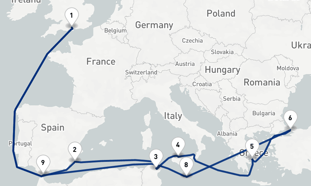21 nights / 22 days, Southampton (England) Round trip