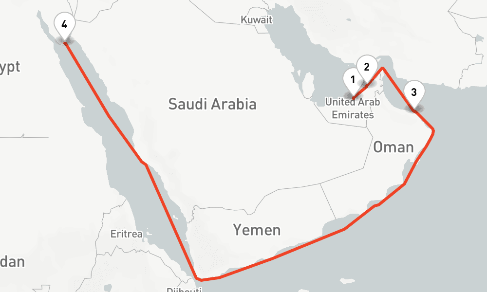 9 nights / 10 days, one-way from Abu Dhabi to Sharm El Sheikh