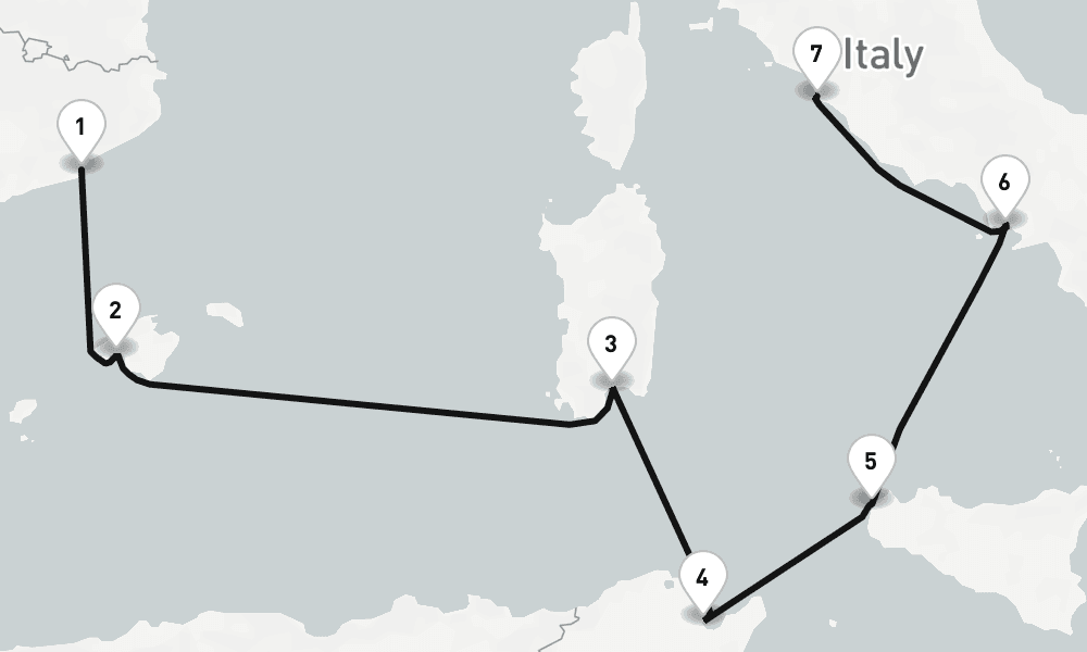 7 nights / 8 days, one-way from Barcelona to Civitavecchia (Rome, Italy)