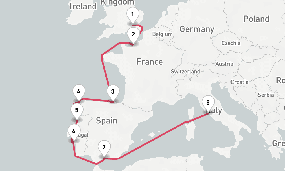 12 nights / 13 days, one-way from London (Tower Bridge) to Civitavecchia (Rome, Italy)