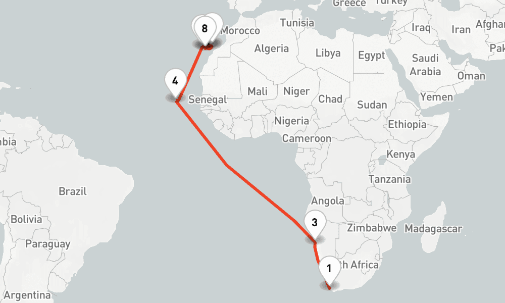 18 nights / 19 days, one-way from Cape Town to Las Palmas (Gran Canaria, Canary Islands)