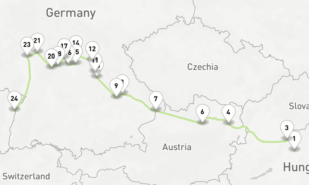 12 nights / 13 days, one-way from Budapest to Strasbourg