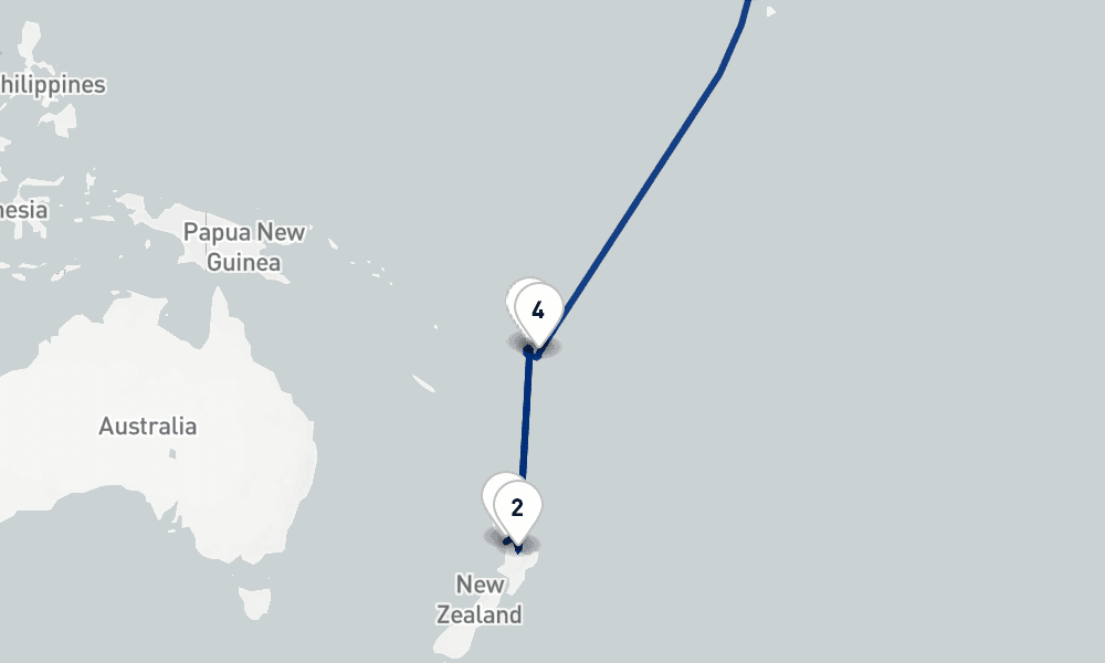 43 nights / 44 days, one-way from Auckland to Southampton (England)