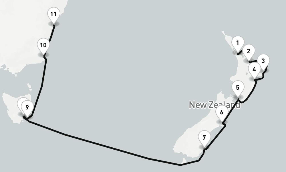 14 nights / 15 days, one-way from Auckland to Sydney (NSW, Australia)