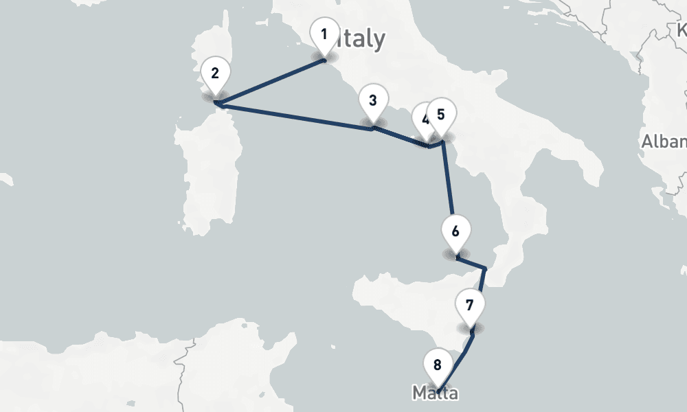 7 nights / 8 days, one-way from Civitavecchia (Rome, Italy) to Valletta