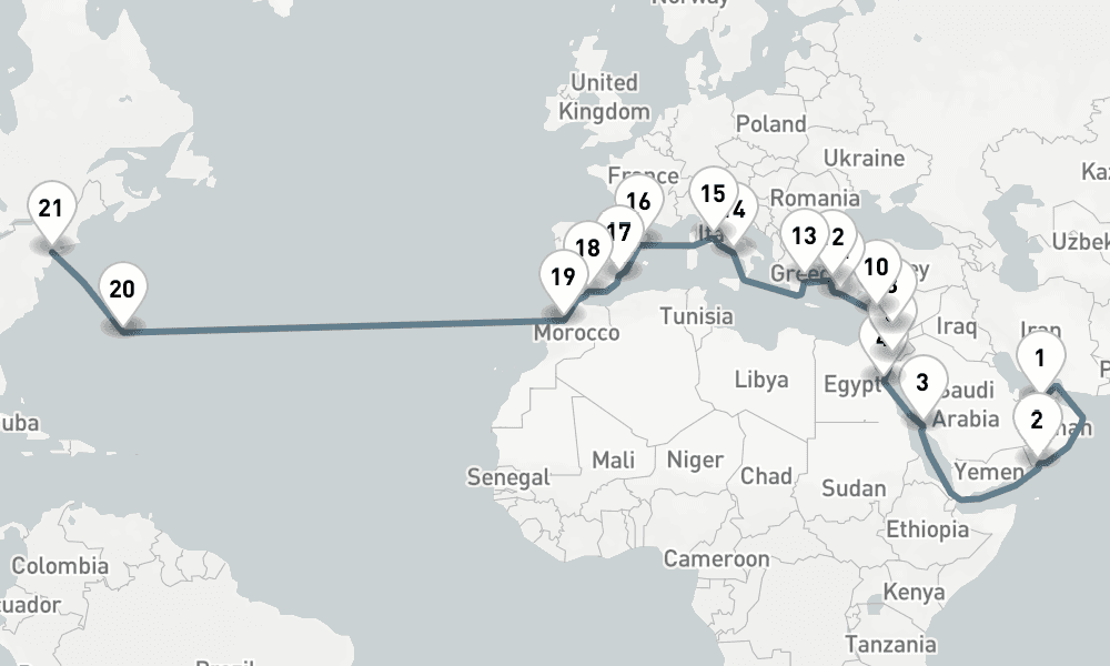 37 nights / 38 days, one-way from Abu Dhabi to New York (Cape Liberty NYC)