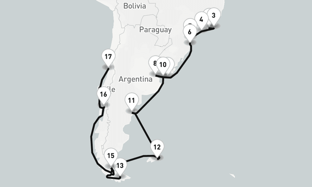 30 nights / 31 days, one-way from Rio de Janeiro to Valparaiso (Santiago, Chile)