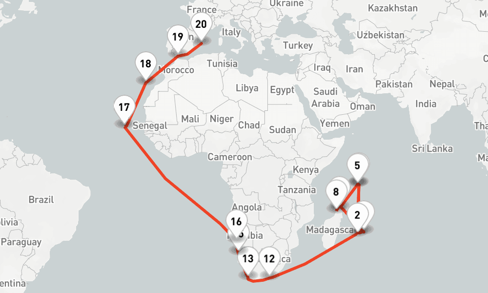 41 nights / 42 days, one-way from Port Louis (Mauritius Island) to Palma de Mallorca (Majorca Island, Spain)