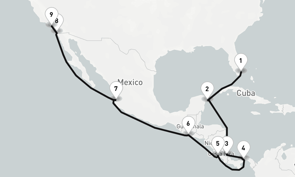 18 nights / 19 days, one-way from Miami (Florida) to Los Angeles (San Pedro / Long Beach)
